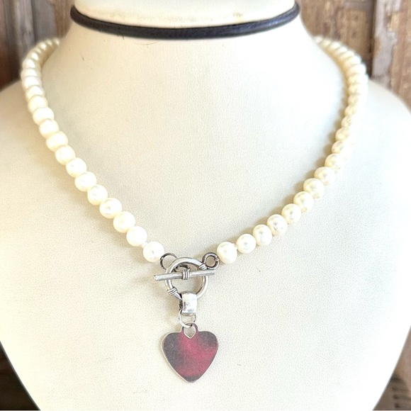 Genuine Pearl Necklace Sterling Silver Heart Pendant Toggle Clasp - Picture 1 of 11